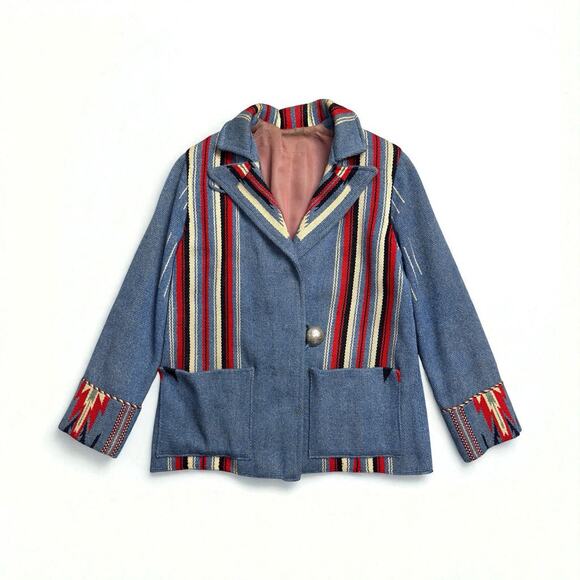 Vintage 1940s Chimayo Blanket Ganscraft Jacket Coat Wool Southwest Native Blue - Picture 2 of 16